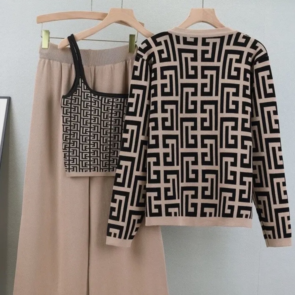0865.  Stylish Beige and Black Three Piece Pantsuit Knit Set - Picture 2 of 3